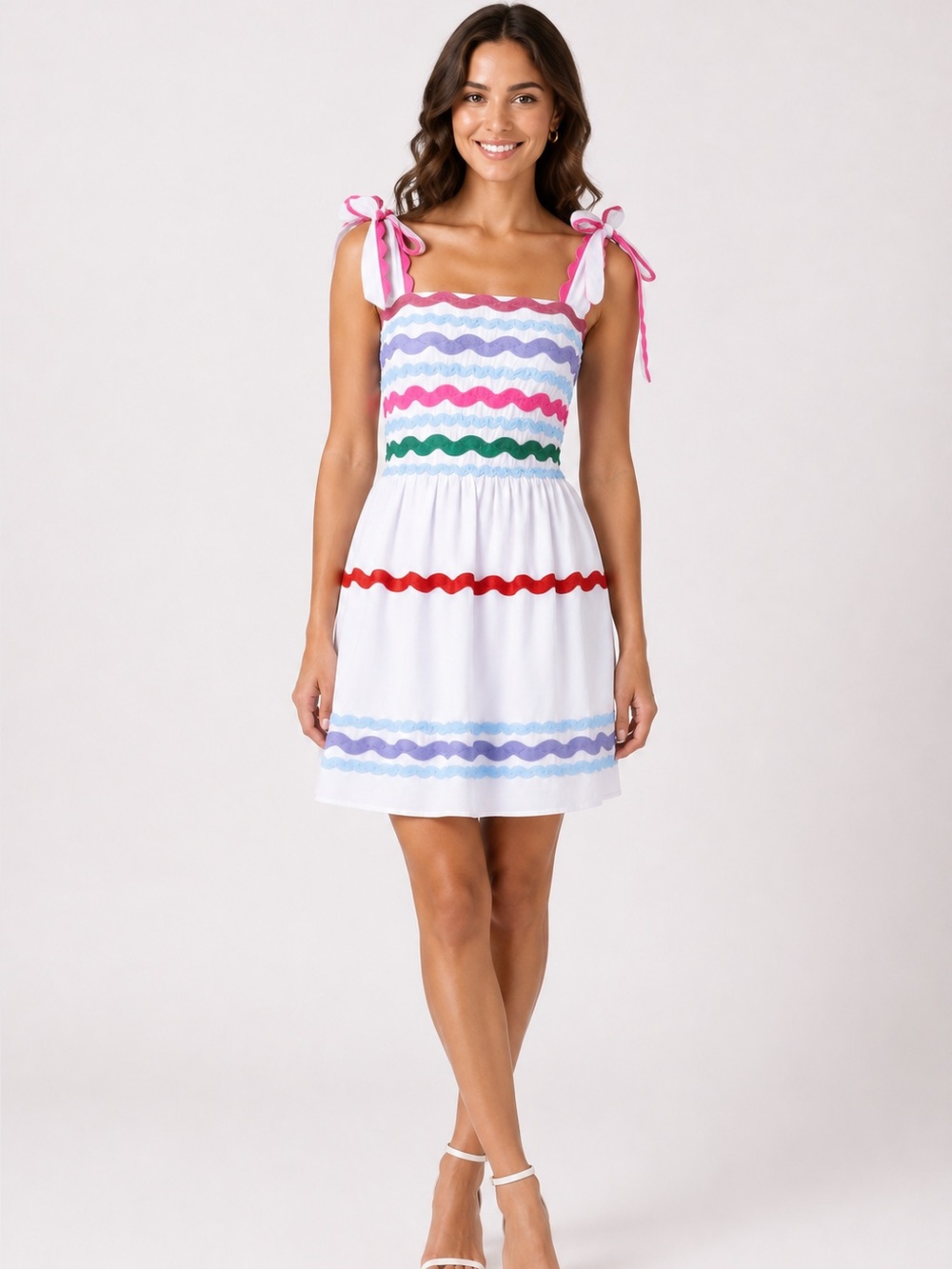 Moodie White Short Dress Sz S Cotton Colorful Ric-Rac Trim Shoulder Ties